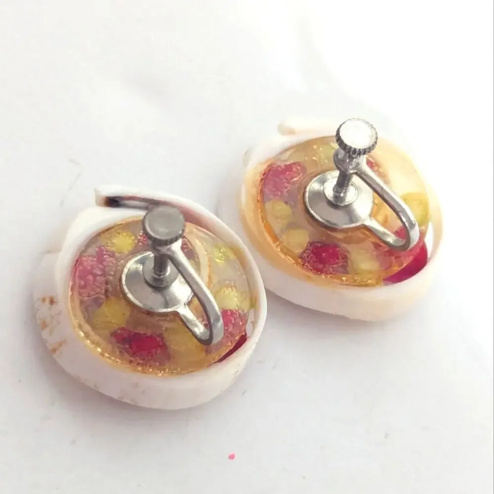 Vintage Estate Swirled Painted Shell Floral Beachy Romantic Screwback Earrings